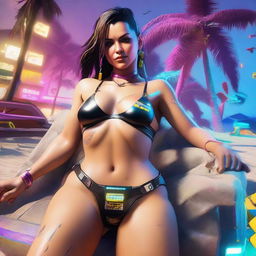 Create an image of Panam Palmer from Cyberpunk 2077 laying down in a bikini