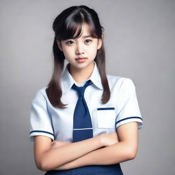 A young woman dressed in a school uniform, depicted in a suggestive manner