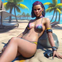 Create a full-body image of Panam Palmer from Cyberpunk 2077 laying down in a bikini