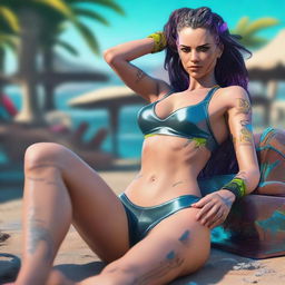 Create a full-body image of Panam Palmer from Cyberpunk 2077 laying down in a bikini