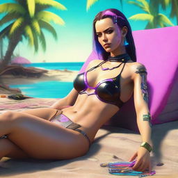 Create a full-body image of Panam Palmer from Cyberpunk 2077 laying down in a bikini