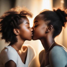 A tender moment featuring two Black girls sharing a kiss