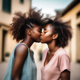 A tender moment featuring two Black girls sharing a kiss