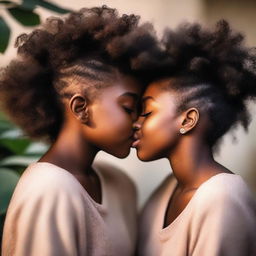 A tender moment featuring two Black girls sharing a kiss