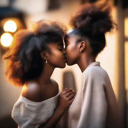 A tender moment featuring two Black girls sharing a kiss