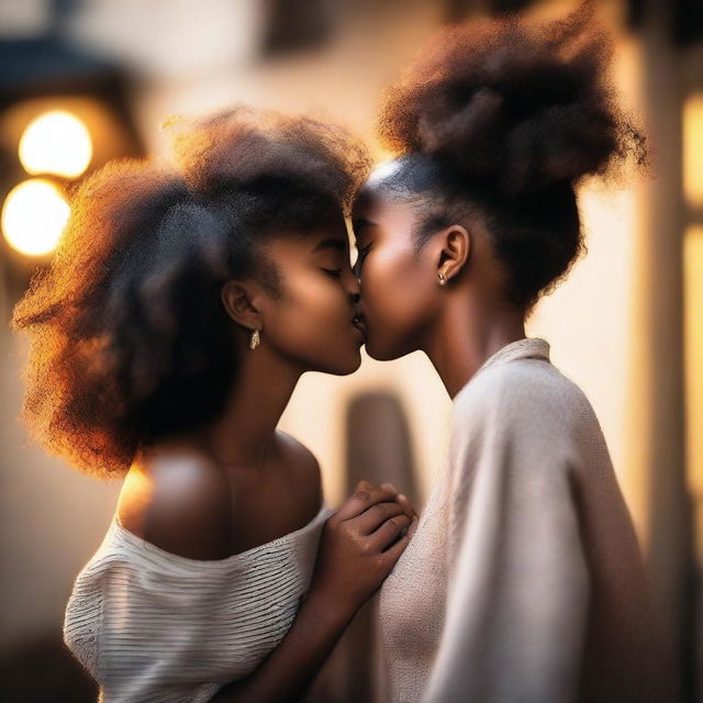 A tender moment featuring two Black girls sharing a kiss