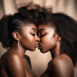 A sensual and intimate moment featuring two Black girls in love, sharing a passionate kiss