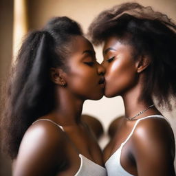 A sensual and intimate moment featuring two Black girls in love, sharing a passionate kiss