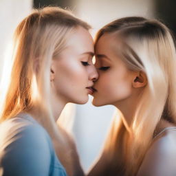 A tender moment featuring two blonde girls sharing a kiss