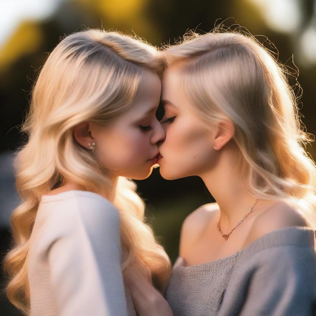 A tender moment featuring two blonde girls sharing a kiss