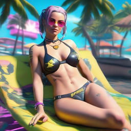 Create a full-body image of Panam Palmer from Cyberpunk 2077 laying down in a bikini and smiling