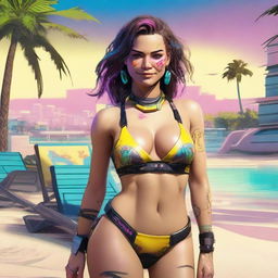 Create a full-body image of Panam Palmer from Cyberpunk 2077 laying down in a bikini and smiling