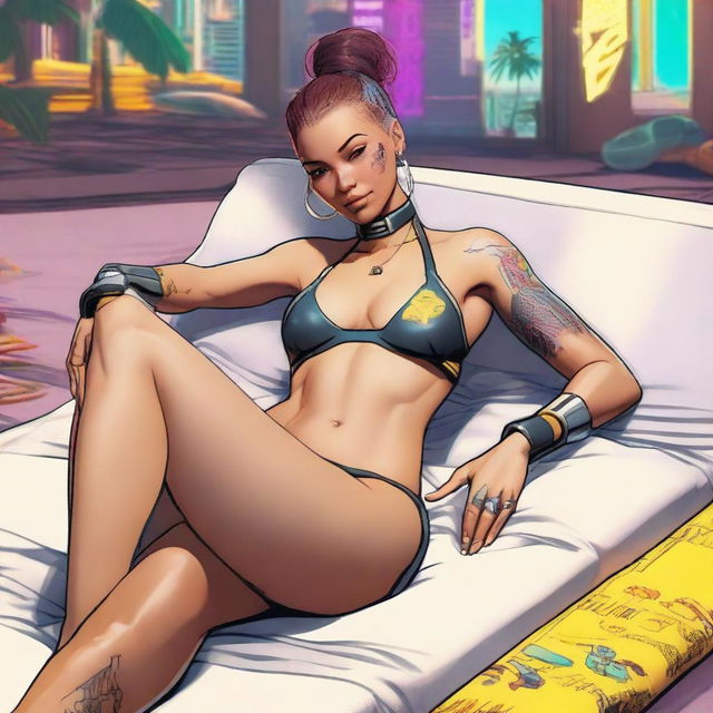 Create a full-body image of Panam Palmer from Cyberpunk 2077 laying down in a bikini and smiling