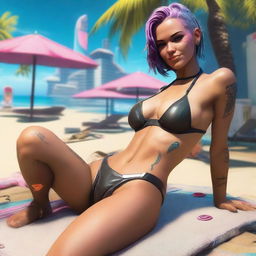 Create a full-body image of Panam Palmer from Cyberpunk 2077 laying down in a bikini and smiling