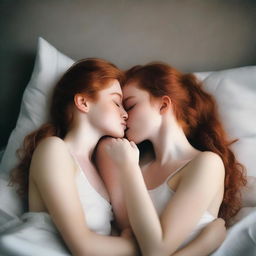 A tender and intimate scene featuring two girls with ginger hair and slender bodies, lying on a bed and sharing a kiss