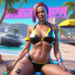 Create a full-body image of Panam Palmer from Cyberpunk 2077 laying down in a bikini and smiling