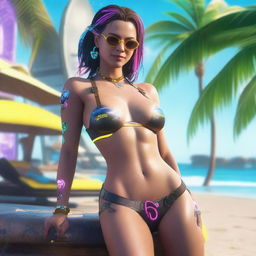 Create a full-body image of Panam Palmer from Cyberpunk 2077 laying down in a bikini and smiling