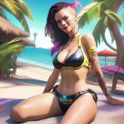 Create a full-body image of Panam Palmer from Cyberpunk 2077 laying down in a bikini and smiling