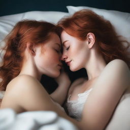 A sensual and intimate scene featuring two girls with ginger hair and slender bodies, lying on a bed and sharing a passionate kiss