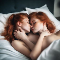 A sensual and intimate scene featuring two girls with ginger hair and slender bodies, lying on a bed and sharing a passionate kiss