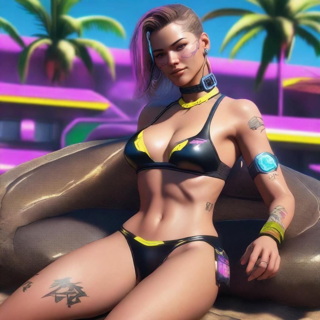 Create a full-body image of Panam Palmer from Cyberpunk 2077 laying down in a bikini and smiling