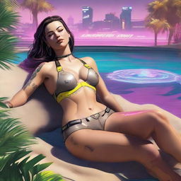 Create a full-body image of Panam Palmer from Cyberpunk 2077 laying down in a bikini and smiling