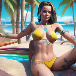 Create a full-body image of Panam Palmer from Cyberpunk 2077 laying down in a bikini and smiling