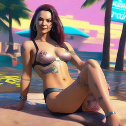 Create a full-body image of Panam Palmer from Cyberpunk 2077 laying down in a bikini and smiling