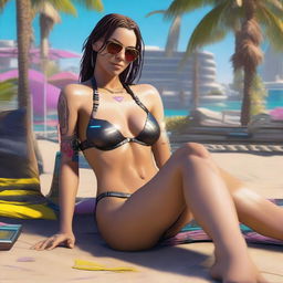 Create a full-body image of Panam Palmer from Cyberpunk 2077 laying down in a bikini and smiling