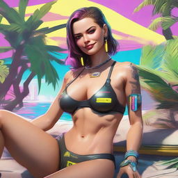 Create a full-body image of Panam Palmer from Cyberpunk 2077 laying down in a bikini and smiling