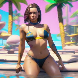 Create a full-body image of Panam Palmer from Cyberpunk 2077 laying down in a bikini and smiling