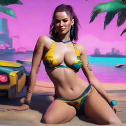 Create a full-body image of Panam Palmer from Cyberpunk 2077 laying down in a bikini and smiling