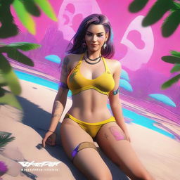 Create a full-body image of Panam Palmer from Cyberpunk 2077 laying down in a bikini and smiling