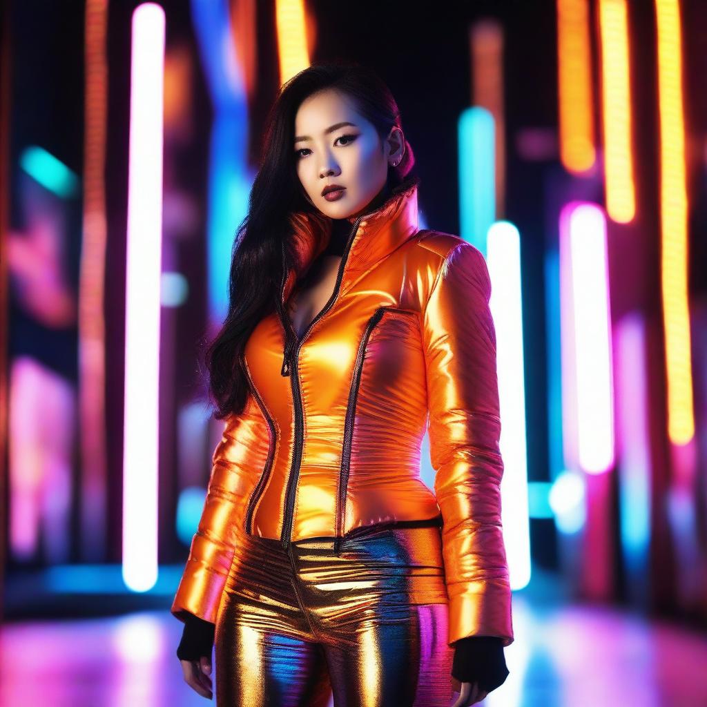 A fashionable Asian woman wearing a tight, shiny orange puffer corset, posing confidently in an urban setting with vibrant neon lights