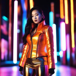 A fashionable Asian woman wearing a tight, shiny orange puffer corset, posing confidently in an urban setting with vibrant neon lights