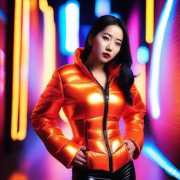 A fashionable Asian woman wearing a tight, shiny orange puffer corset, posing confidently in an urban setting with vibrant neon lights