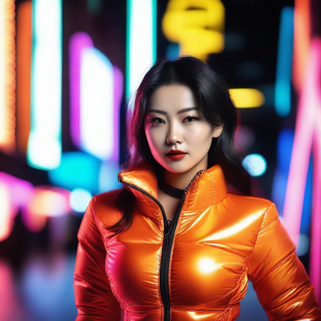 A fashionable Asian woman wearing a tight, shiny orange puffer corset, posing confidently in an urban setting with vibrant neon lights