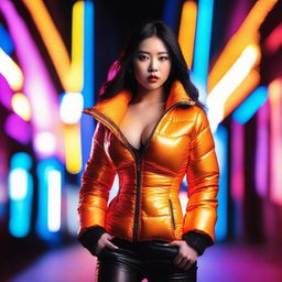 A fashionable Asian woman wearing a tight, shiny orange puffer corset, posing confidently in an urban setting with vibrant neon lights