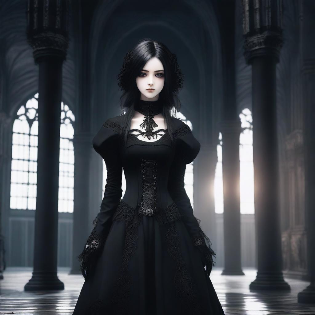 A goth waifu with a dark and mysterious aura, dressed in gothic attire