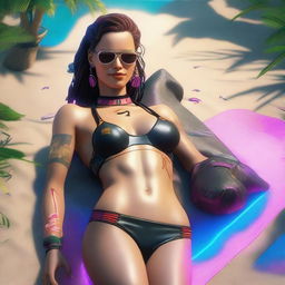 Create a full-body image of Panam Palmer from Cyberpunk 2077 laying down in a bikini, smiling