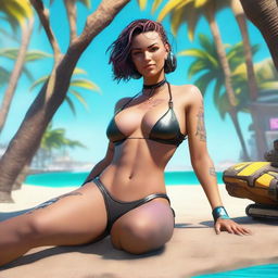 Create a full-body image of Panam Palmer from Cyberpunk 2077 laying down in a bikini, smiling