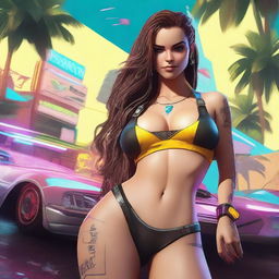 Create a full-body image of Panam Palmer from Cyberpunk 2077 laying down in a bikini, smiling