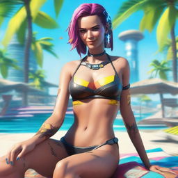 Create a full-body image of Panam Palmer from Cyberpunk 2077 laying down in a bikini and smiling