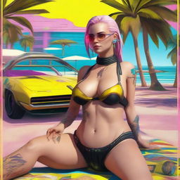 Create a full-body image of Panam Palmer from Cyberpunk 2077 laying down in a bikini and smiling