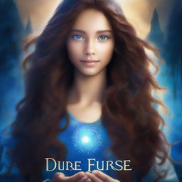 Create a blue fantasy book cover featuring a beautiful glowing light brown-skinned girl with glowing blue eyes and long curly dark brown hair