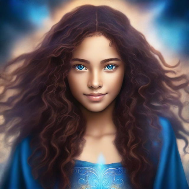 Create a blue fantasy book cover featuring a beautiful glowing light brown-skinned girl with glowing blue eyes and long curly dark brown hair