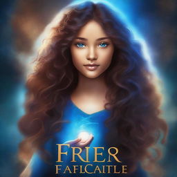 Create a blue fantasy book cover featuring a beautiful glowing light brown-skinned girl with glowing blue eyes and long curly dark brown hair