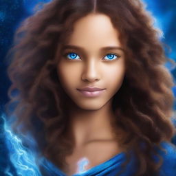 Create a blue fantasy book cover featuring a beautiful glowing light brown-skinned girl with glowing blue eyes and long curly dark brown hair