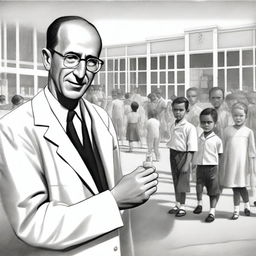 A detailed illustration of Jonas Salk, the American virologist, holding a vial of the polio vaccine