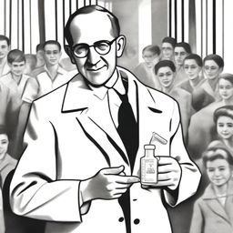 A detailed illustration of Jonas Salk, the American virologist, holding a vial of the polio vaccine